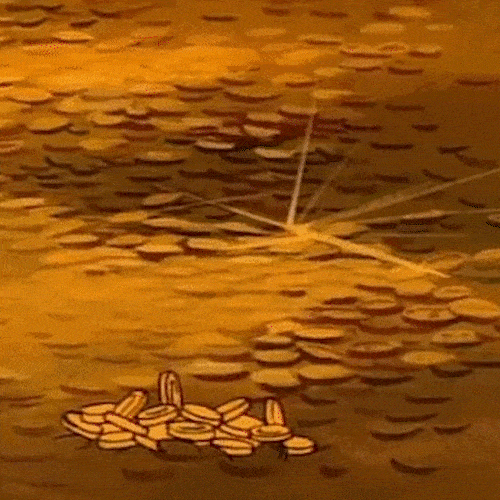 A cartoon duck pops up out of a huge pile of gold coins, sending coins flying.