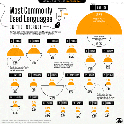Infographic showing the most commonly used languages on the internet