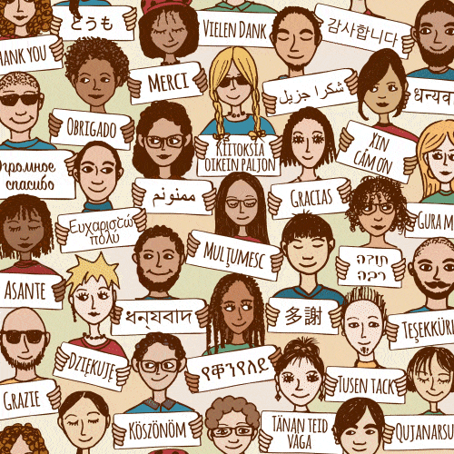Illustrated crowd of diverse people holding signs with "thank you" in different languages