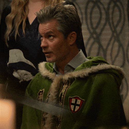 A man in a green cloak with a shield emblem is being knighted.