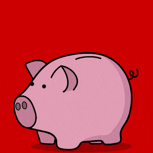A coin drops into a pink piggy bank on a red background.