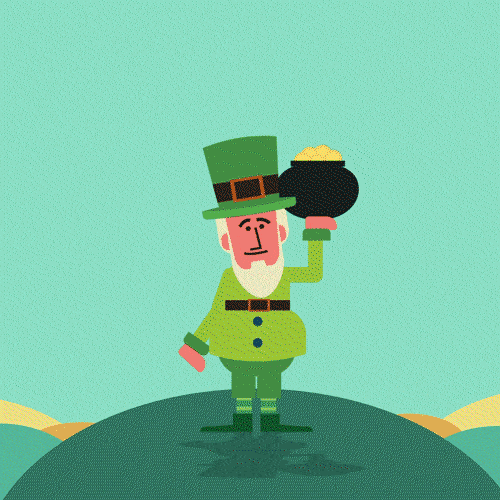 An illustrated leprechaun in a green hat and suit holds a pot of gold.