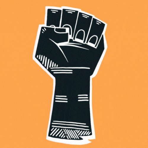 Raised fist illustration on an orange background representing solidarity or remembrance