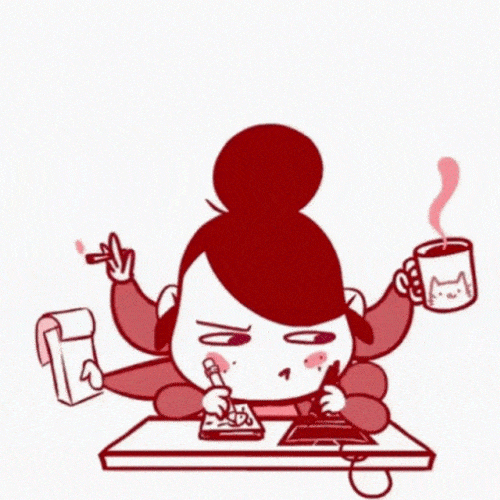 Cartoon illustration of a person multitasking at a desk while writing and holding coffee.