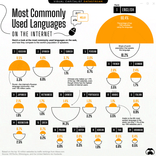 Infographic showing the most commonly used languages on the internet and their share of users