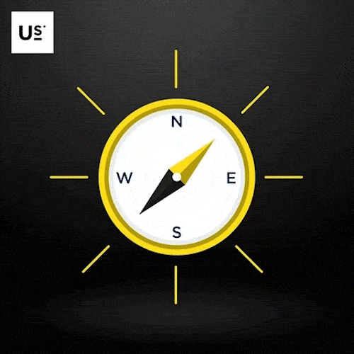 A compass needle spins and settles on north, with N, E, W, and S around the dial.