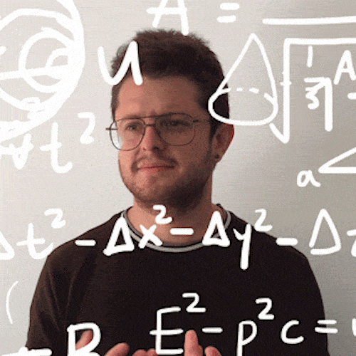 A man in glasses taps his temple as math equations float around him.