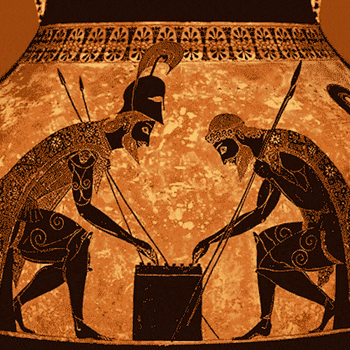 An animated ancient Greek vase painting shows two warriors playing a board game.