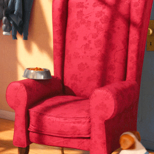 A cartoon dog flops onto a red armchair and settles down contentedly.