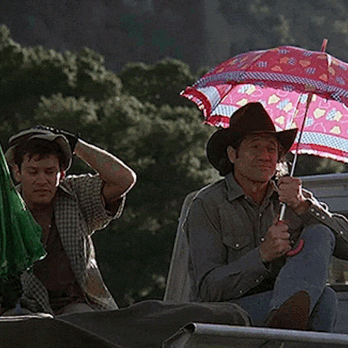 Two men in cowboy hats sit outside, and one holds a pink umbrella over the other for shade.